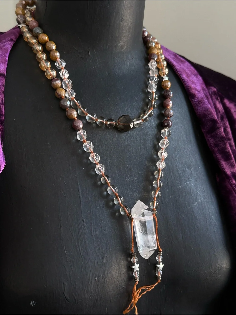Clear Quartz, mookaite Jasper , Smokey Quartz beaded mala necklace pendant boho